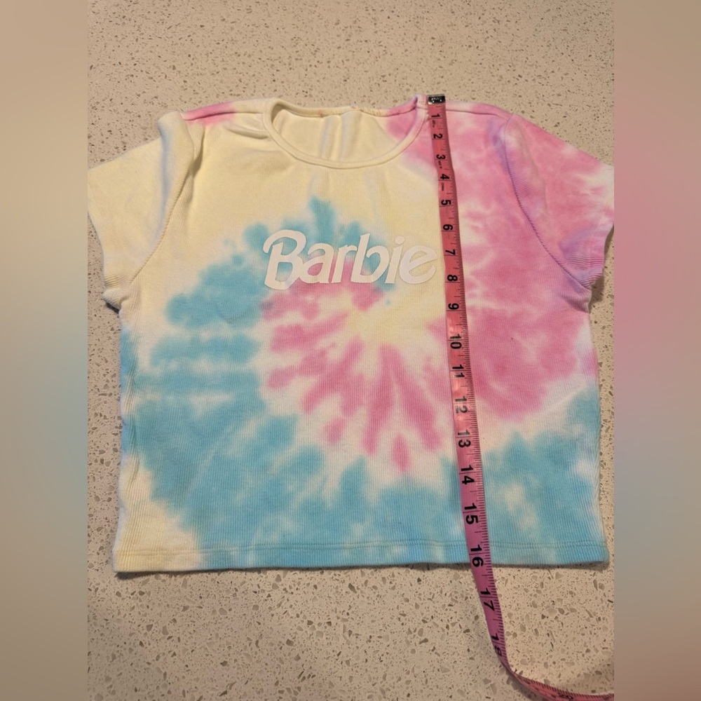 Barbie Adult Medium Tie-Dye Cropped T-Shirt - Pink, Blue, and Cream - Picture 6 of 6